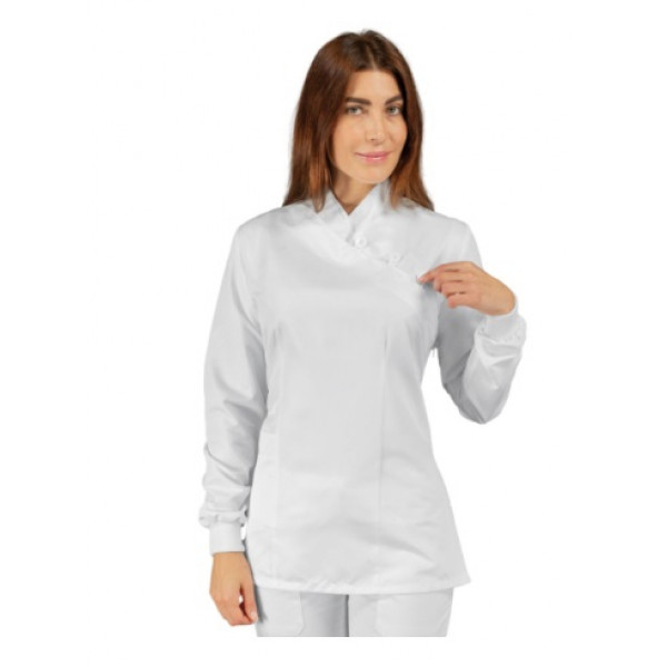 Woman Taipei blouse LONG SLEEVE with Knitted Wrist 65% Polyester 35% Cotton WHITE available in different sizes Model 002410P