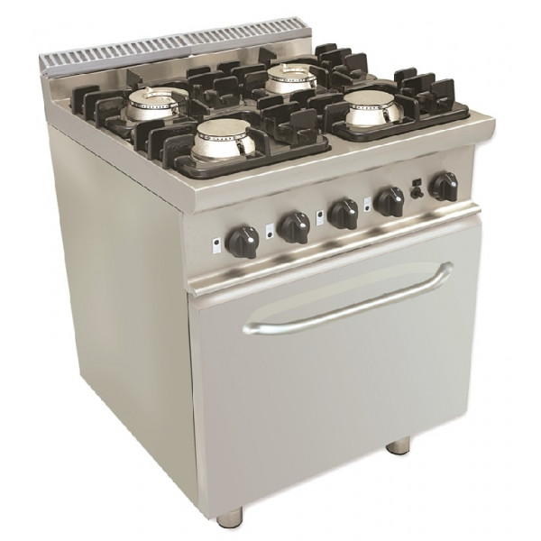 Gas range 4 burners CI Model RisCu042 with static gas oven GN 2/1 cm L 68,5 x P 53 x 35 H Gas power 25.9 kW