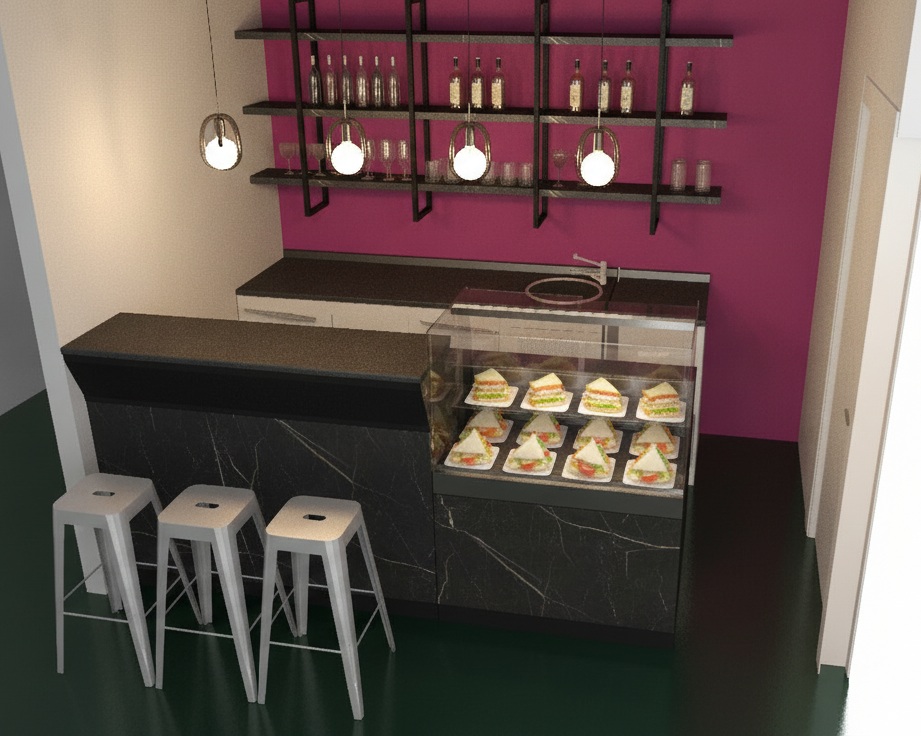 Render di locale food con banco refrigerato e area operativa organizzata