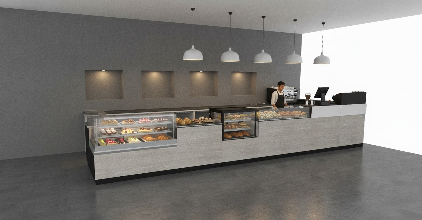 Progetto arredo per locale food con banco espositivo e zona servizio