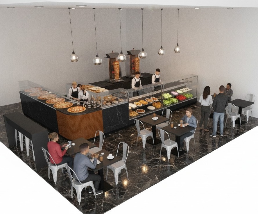 Progettazione arredo per negozio food con layout funzionale e moderno