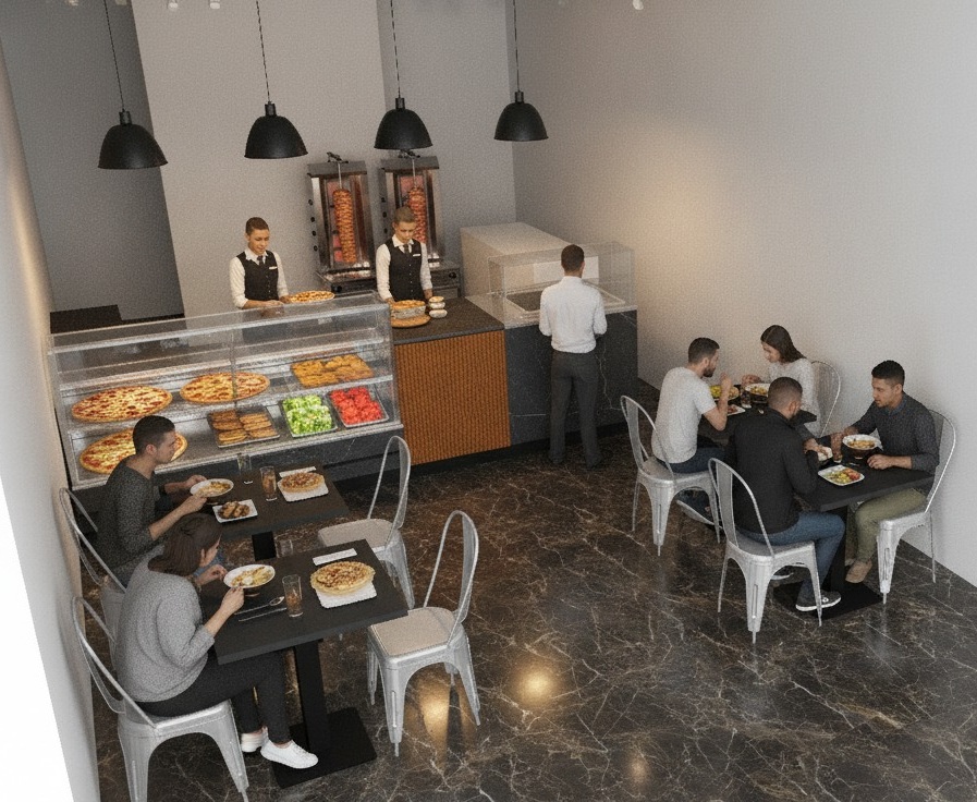Render di arredamento professionale per attività food con esposizione prodotti