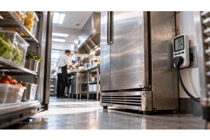 Vecchio armadio frigo in acciaio inox in una cucina professionale, con misuratore di consumo collegato alla presa