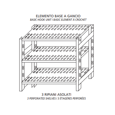 Scaffale inox a gancio IXP 3 ripiani forati asolati 9x32 spessore 8/10 Lunghezza cm 90 Profondità cm 40 Altezza cm 150 Elemento base Completi di traversi rinforzo e piedini plastica Bordi antitaglio Finitura lucida Modello G3709040B