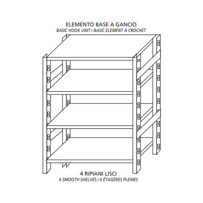 Scaffale inox a ganci IXP 4 ripiani lisci spessore  8/10 Lunghezza cm 100 Profondità cm 30 Altezza cm 180 Elemento base Completi di ganci e piedini plastica Bordi antitaglio Finitura lucida Modello 18G46910030B