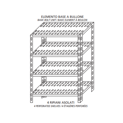 Scaffale inox a bullone IXP 4 ripiani forati spessore 8/10 Lunghezza cm 80 Profondità cm 30 Altezza cm 200 Elemento base Completi di bulloni e piedini plastica Bordi antitaglio Finitura lucida Modello 4708030B