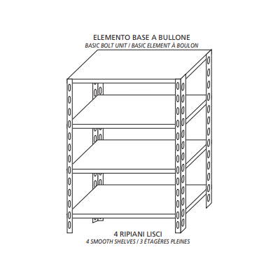Scaffale inox a bullone IXP 4 ripiani lisci spessore cm 2,5 inox 8/10 Lunghezza cm 200 Profondità cm 30 Altezza cm 200 Elemento base Completi di bulloni e piedini plastica Bordi antitaglio Finitura lucida Modello 46920030B