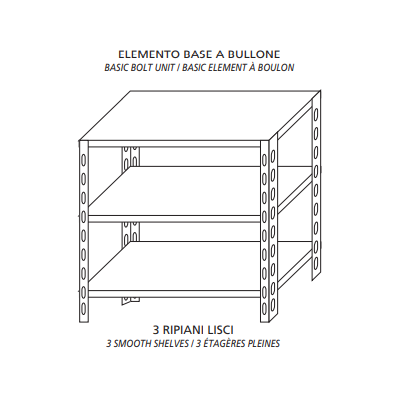 Scaffale inox a bullone IXP 3 ripiani lisci spessore  8/10 Lunghezza cm 120 Profondità cm 50 Altezza cm 150 Elemento base Completi di bulloni e piedini plastica Bordi antitaglio Finitura lucida Modello B36912050B