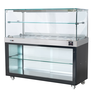 Espositore banchetto caldo SDF Vano a giorno Temperatura °C +30 /+ 90 Capacità N. 4 Vassoi Cm 35x45 Dim. Cm L 150 x P 53 x H 135 Modello BA150