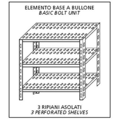 Scaffale inox a bullone IXP 3 ripiani forati spessore cm 2,5 inox 8/10 Lunghezza cm 80 Profondità cm 50 Altezza cm 150 Elemento base Completi di bulloni e piedini plastica Bordi antitaglio Finitura lucida Modello B3708050B