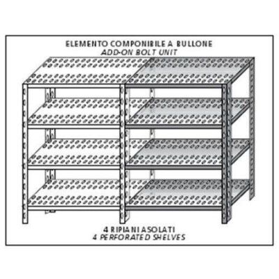 Scaffale inox a bullone IXP 4 ripiani forati spessore cm 2,5 inox 8/10 Lunghezza cm 100 Profondità cm 30 Altezza cm 180 Elemento componibile Completi di bulloni e piedini plastica Bordi antitaglio Finitura lucida Modello 1847010030C