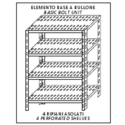 Scaffale inox a bullone IXP 4 ripiani forati spessore cm 2,5 inox 8/10 Lunghezza cm 60 Profondità cm 30 Altezza cm 180 Elemento base Completi di bulloni e piedini plastica Bordi antitaglio Finitura lucida Modello 184706030B