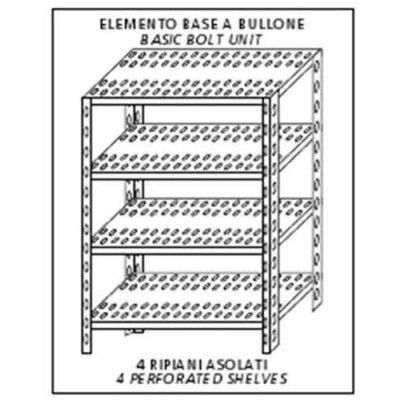 Scaffale inox a bullone IXP 4 ripiani forati spessore cm 2,5 inox 8/10 Lunghezza cm 70 Profondità cm 30 Altezza cm 180 Elemento base Completi di bulloni e piedini plastica Bordi antitaglio Finitura lucida Modello 184707030B