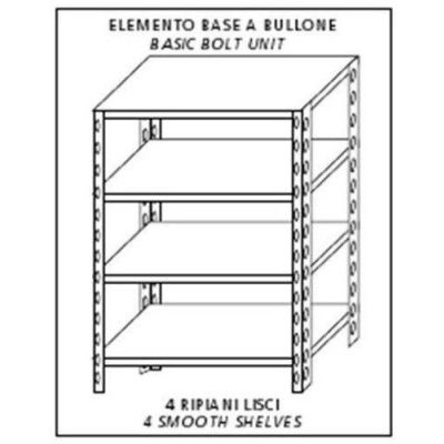 Scaffale inox a bullone IXP 4 ripiani lisci spessore cm 2,5 inox 8/10 Lunghezza cm 60 Profondità cm 30 Altezza cm 180 Elemento base Completi di bulloni e piedini plastica Bordi antitaglio Finitura lucida Modello 184696030B