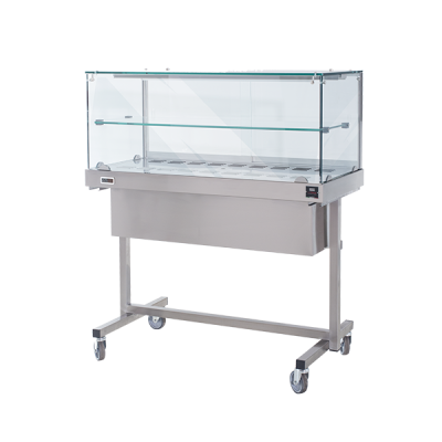 Termovetrina con carrello e mensola SDF Struttura in acciaio inox Temperatura °C +30 /+ 90 Controllo termostatico Vetri diritti Capacità N. 4 VASSOI cm 35x45 Dim. Cm L 150 x P 53 x H 135 Modello TCM150
