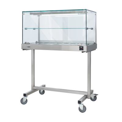 Termovetrina con carrello SDF Struttura in acciaio inox Temperatura °C +30 /+ 90 Controllo termostatico Vetri diritti Capacità N. 3 VASSOI cm 35x45 Dim. Cm L 130 x P 53 x H 135 Modello TC130