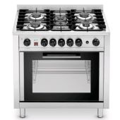 Cucina 5 fuochi Modello EKC96 con forno elettrico a convezione Capacità n.4 teglie/griglie cm 60 x 40 o n.4 teglie/griglie 1/1GN Potenza forno Kw 2,9 - Grill Kw 2,5 Capacità termica piano cottura 14,3 kW