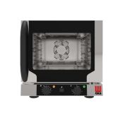 Forno a convezione con vapore indiretto elettrico Modello EKF412NALU Ventilato con umidificazione per gastronomia Capacità N° 4 teglie / griglie 1/2 GN (325x265x1 mm) Potenza Kw 2,6 Apertura laterale