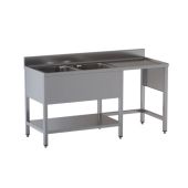 Lavello/Lavatoio Acciaio Inox Due Vasche con Sgocciolatoio su gambe con ripiano inferiore con vano incasso pattumiera Modello G2VPS/D167