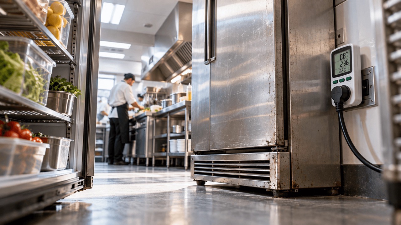Vecchio armadio frigo in acciaio inox in una cucina professionale, con misuratore di consumo collegato alla presa