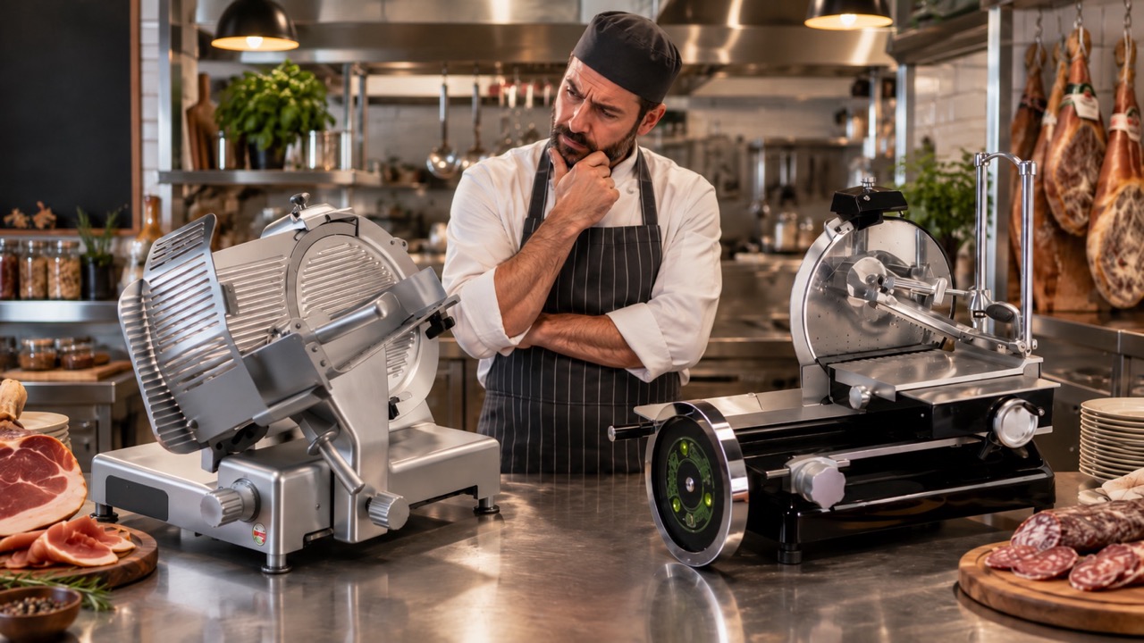 Affettatrice professionale a gravitร automatica per uso in ristorante