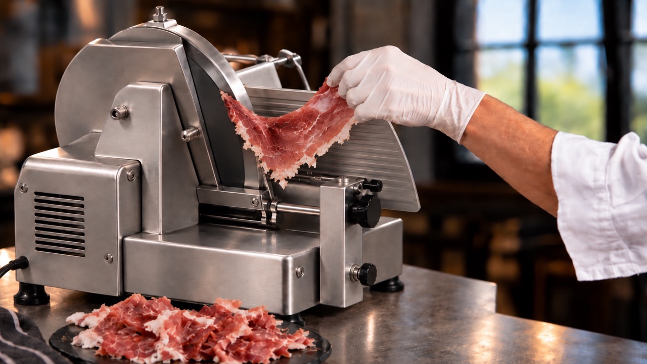Affettatrice professionale per salumeria con lama e carrello in uso