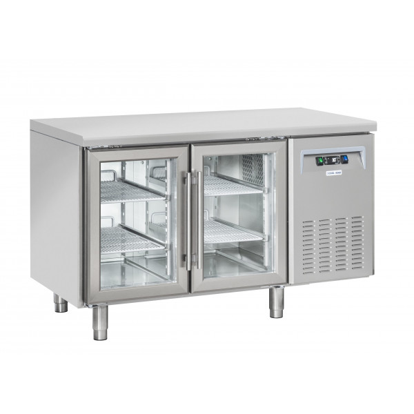 Tavolo Refrigerato GN1/1 in acciaio inox con porta a vetro Modello QRG2100 Refrigerazione ventilata 2 Porte autochiudenti a vetro