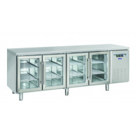 Tavolo Refrigerato GN1/1 in acciaio inox con porta a vetro Modello QRG4100 Refrigerazione ventilata 4 Porte autochiudenti a vetro