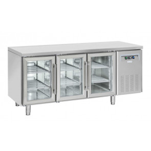 Tavolo Refrigerato GN1/1 in acciaio inox Modello QRG3100 Refrigerazione ventilata 3 Porte autochiudenti a vetro