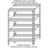 Scaffali inox a bullone IXP 4 ripiani forati Elemento base Completi di bulloni e piedini plastica Bordi antitaglio Finitura lucida Modello SC320FB