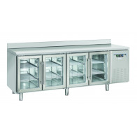 Tavolo Refrigerato GN1/1 in acciaio inox con porta a vetro Modello QRG4200 Refrigerazione ventilata 4 Porte autochiudenti a vetro con alzatina