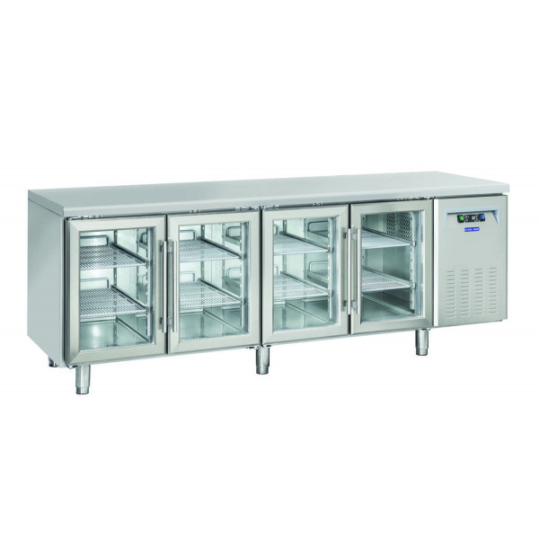 Tavolo Refrigerato GN1/1 in acciaio inox con porta a vetro Modello QRG4100 Refrigerazione ventilata 4 Porte autochiudenti a vetro