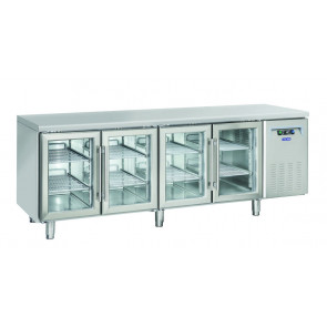Tavolo Refrigerato GN1/1 in acciaio inox con porta a vetro Modello QRG4100 Refrigerazione ventilata 4 Porte autochiudenti a vetro