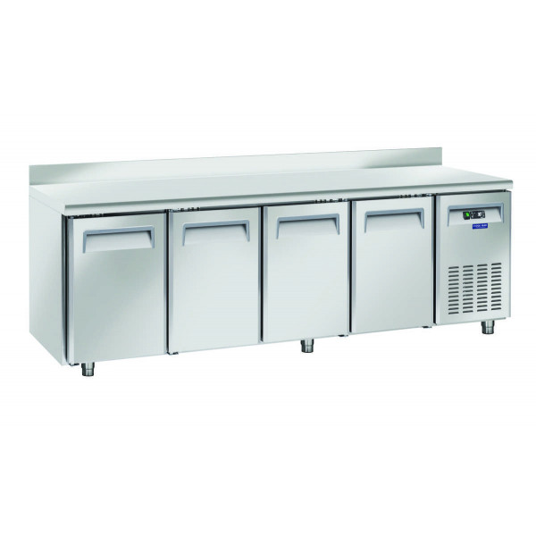 Tavolo Refrigerato TROPICALIZZATO GN1/1 in acciaio inox Refrigerazione ventilata MOTORE REMOTO 4 Porte in acciaio inox Modello QN4200SG con alzatina