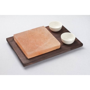 Pietra di sale quadrata con base di legno con 2 ciotole di porcellana Modello PSR2020B