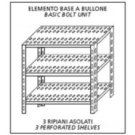 Scaffali inox a bullone IXP 3 ripiani forati Elemento base Completi di bulloni e piedini plastica Bordi antitaglio Finitura lucida Modello SC315FB