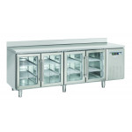 Tavolo Refrigerato GN1/1 in acciaio inox con porta a vetro Modello QRG4200 Refrigerazione ventilata 4 Porte autochiudenti a vetro con alzatina
