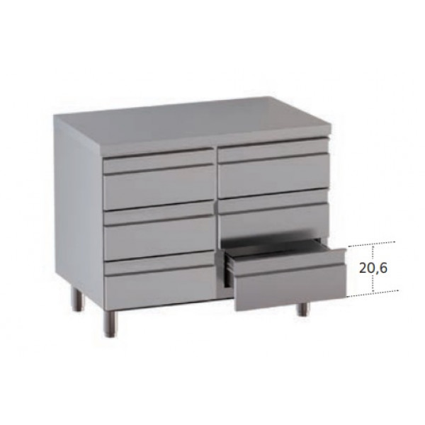 Cassettiera 6 cassetti in acciaio inox Senza alzatina autoportante con piano di lavoro Modello DSN6C086